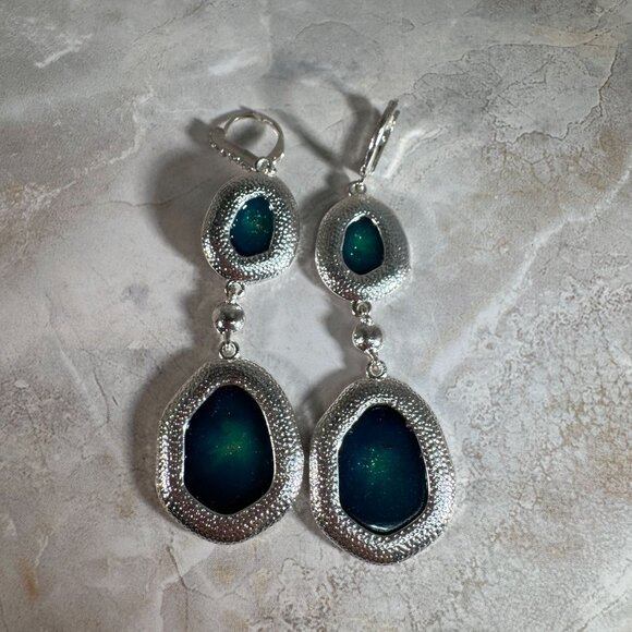 Avon Faux blue geode rhinestone Drop Earrings Silver Plating Magical stunning - Picture 3 of 9